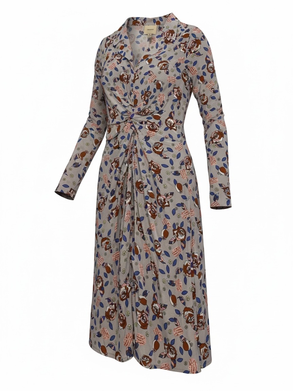 I Madeline Cream Floral Wrap Midi Dress with Brown and Blue Accents
